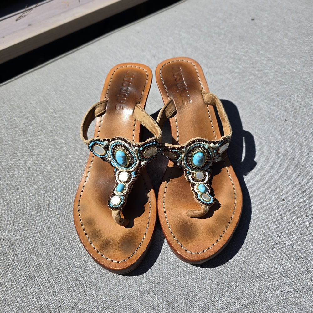 Mystique Boutique Tan and Turquoise Wedges